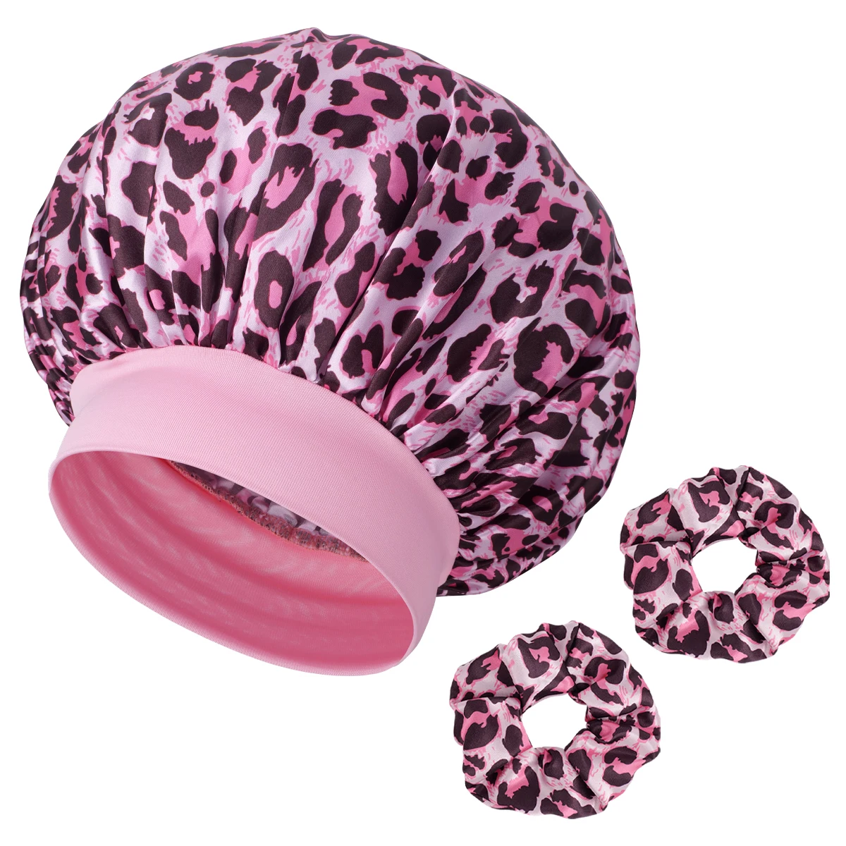 1pc Soft Satin Sleeping Bonnet with 2pcs Hair Scrunchies - Leopard Print Elastic Band Hair Caps for Women, Nighttime & Daily Use