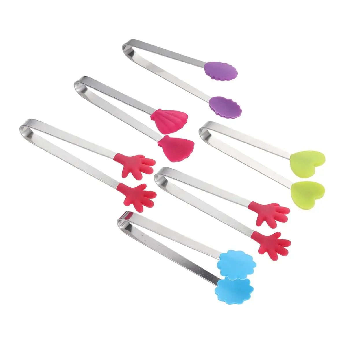 

6 Pcs Stainless Steel Kitchen Tongs Silicone Tips Easy Pick Sugar Cubes Ice Jelly Cookies BBQ Party Buffet Salad Finger Foods