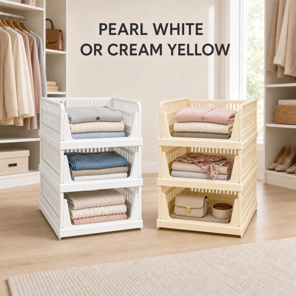 Zoe Large Stackable Storage Baskets Modular Open Front Closet Organizer Shelves Detachable PP Drawer Bins for Clothes Toys Books Kitchen Pantry Bathroom 1 2 3 4 5 Tier Pearl White Cream Yellow