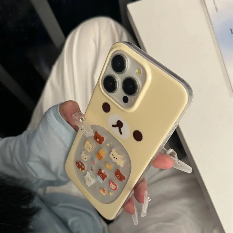 Großes Loch IND niedliche hohle gelbe kleine Bären-Handyhülle mit kleinem Bären-Anhänger für iPhone 11 12 13 14 15 16 17 18 Pro Max – Detail 3