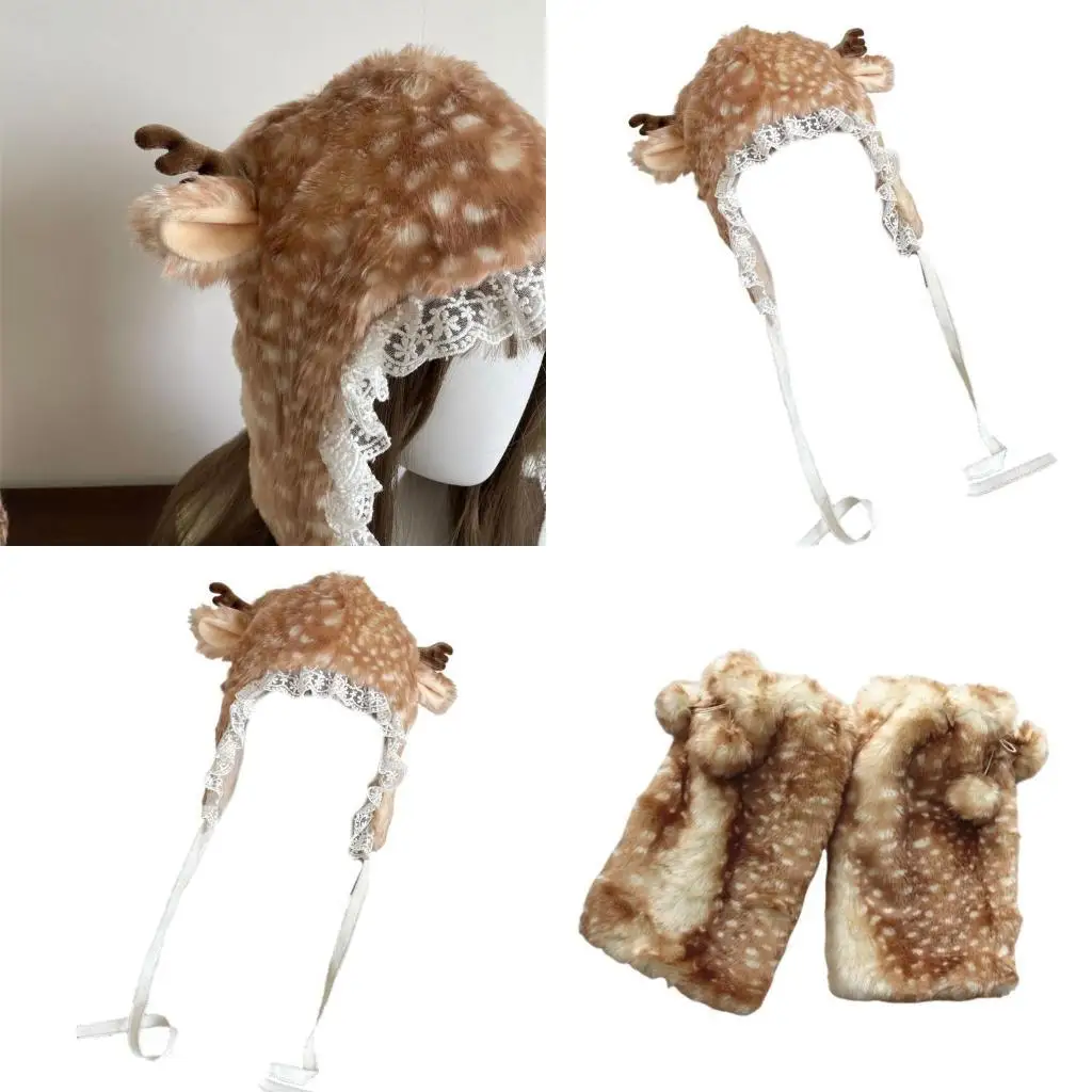 

R1WE Cartoon Deer Hat for Cycling Running Sport Thicken Leg Warmer Thick Lining