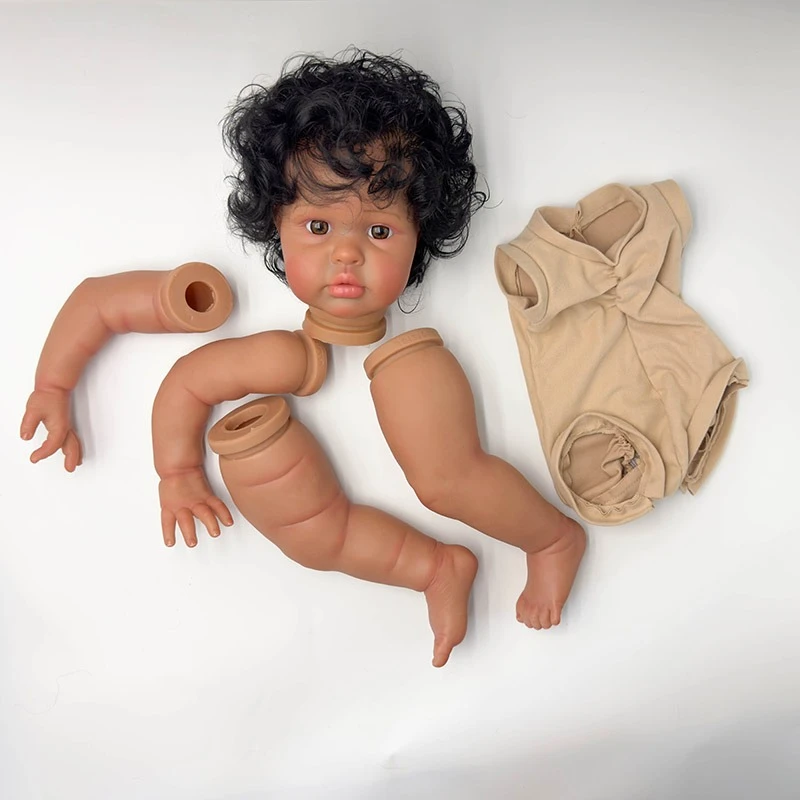NPK 24'' Handmade Dark Skin Unfinished Reborn Ellie Lifelike Kit Painted Doll Parts with Curly Black Hair