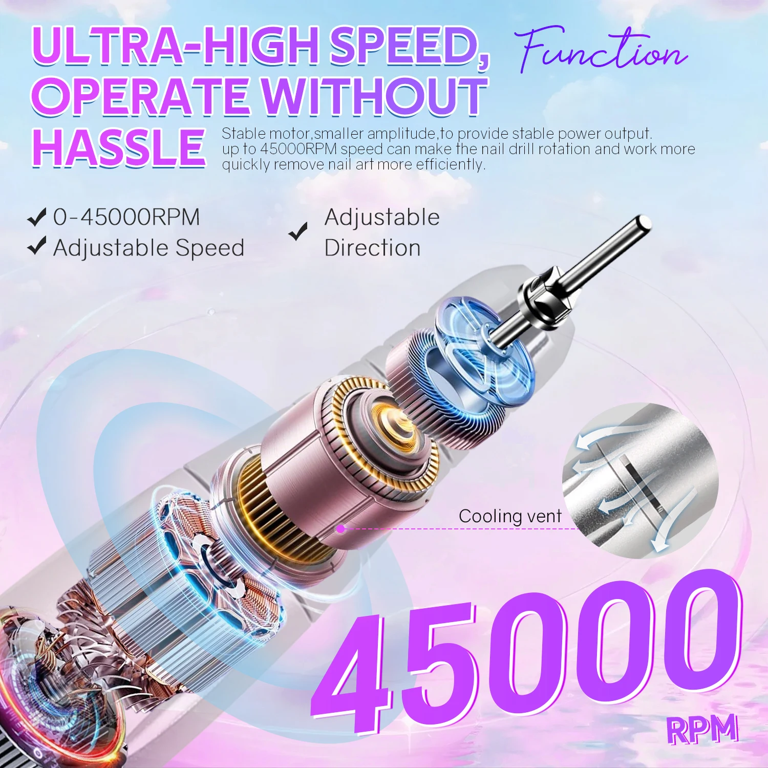 45000RPM Rechargeable Nail Drill –  Electric Nail File with LCD, USB-C, 8-Color LED Light, Dual Rotation, for Acrylic & Gel