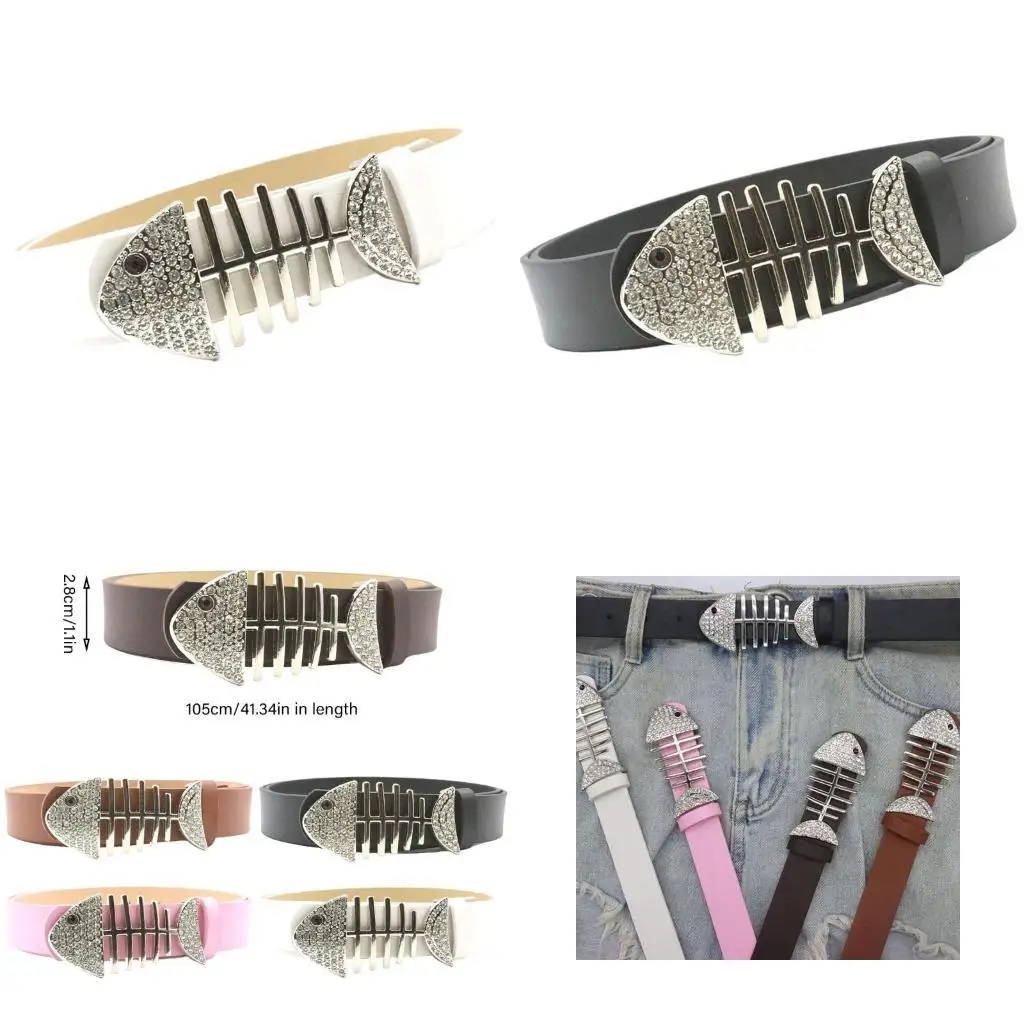

39BD Teens Cool Hiphop Belt for Jeans Pants Women Punk Crystal Fishbones Buckle Belt