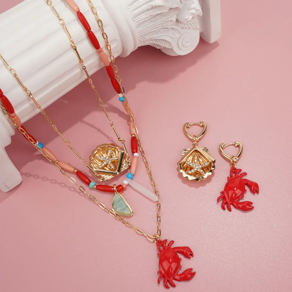 Beach Jewelry sets Red Crab Pendant Necklace for Women Girl Metal Shell Zircon New Summer Beach Ocean Style Accessories Gift