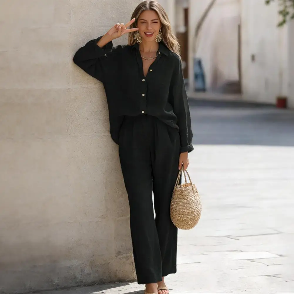 

Женский комплект Mix And Match, женский повседневный комплект из двух предметов, футболка на пуговицах с длинными рукавами, широкие брюки, весенний комплект для отдыха