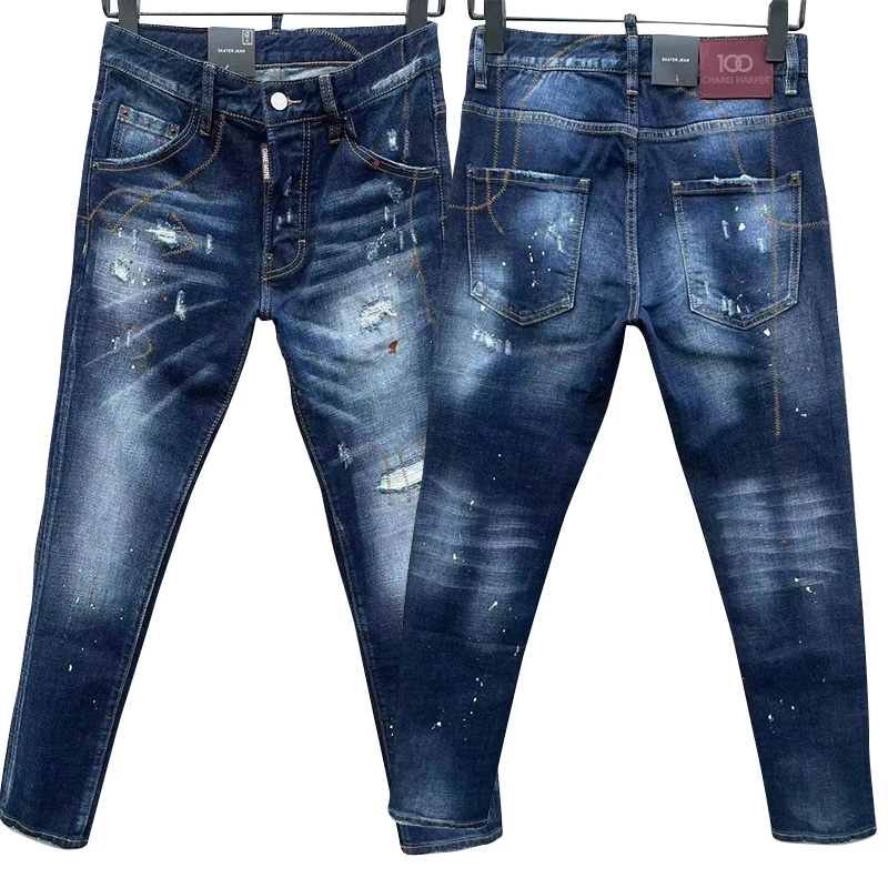 

100 charareiharper c060 men's jeans Paint splash fabric stretch ripped vintage men's jeans