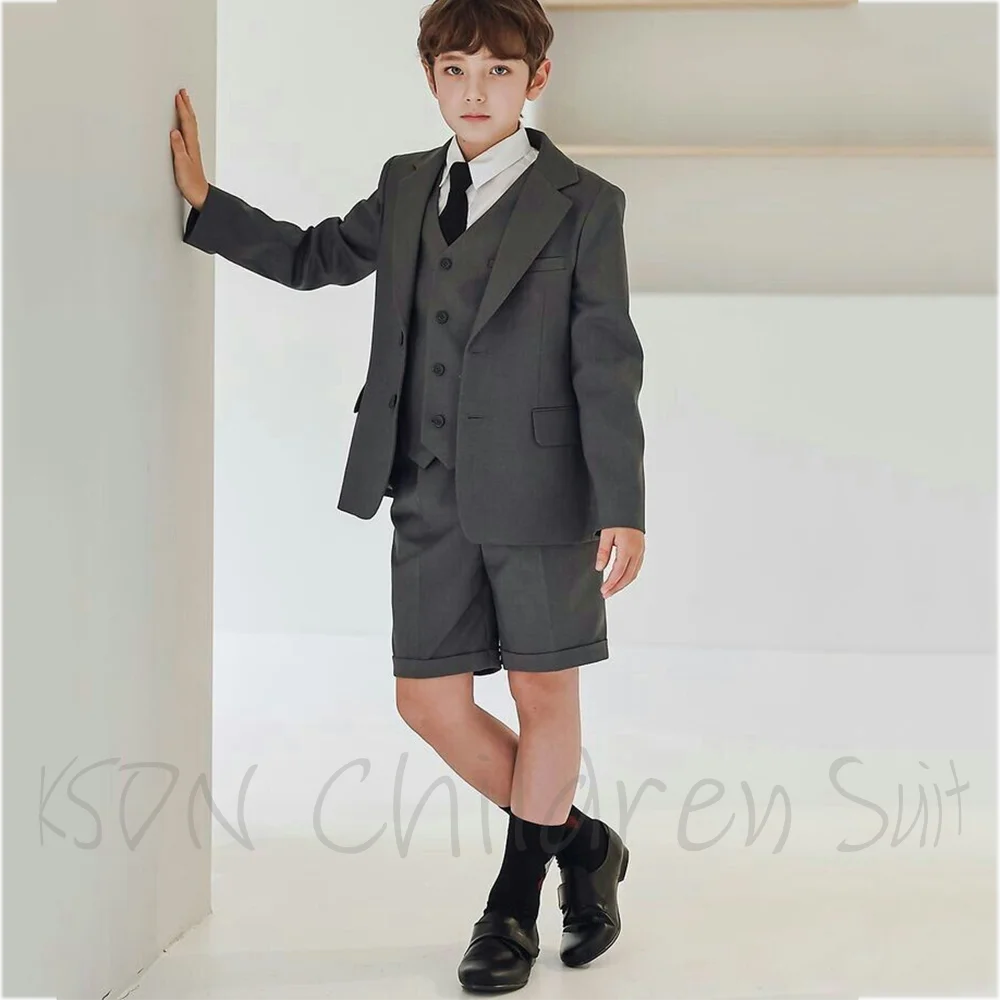 Dark Grey Boys 3 Piece Suit Children Clothing Notch Lapel Single Breasted Cuffed Short Pants Graduation School Ceremony Kids Set