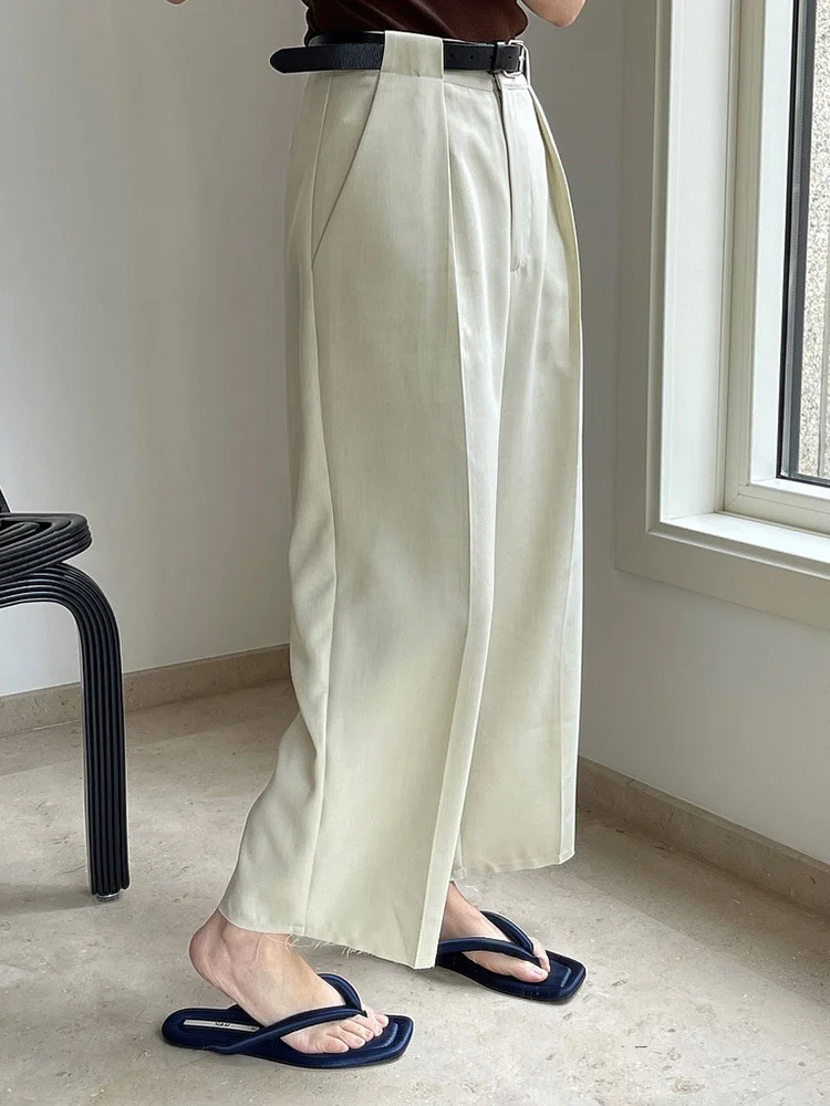 [EAM] High Waist Beige Pleated Casual Casual Long Pants New Loose Fit Trousers Women Fashion Tide Spring Autumn 2024 1DF4478