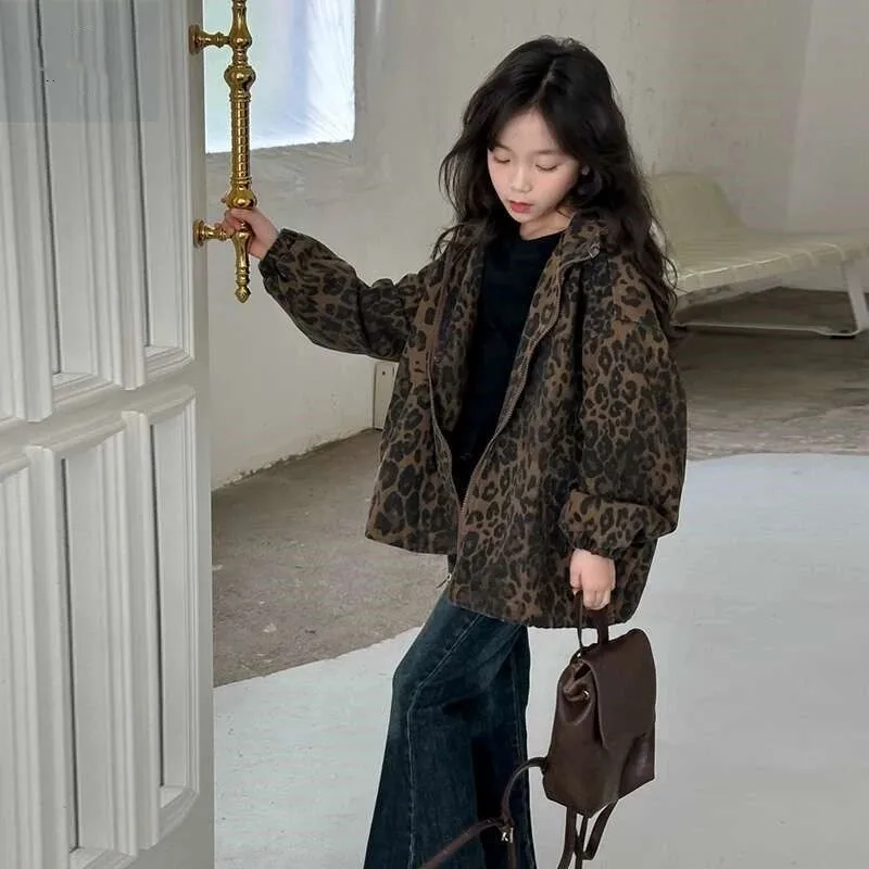 Girls' Autumn Leopard Coat Spring and Autumn New Style Middle and Large Children's Fashionable Zipper Jacket