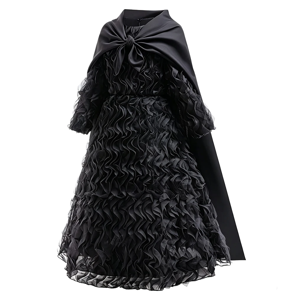 Movie Evil Witch Costume Black Long Dress With Cape Witch Hat For Kids Girls Halloween Birthday Prom Party Outfit