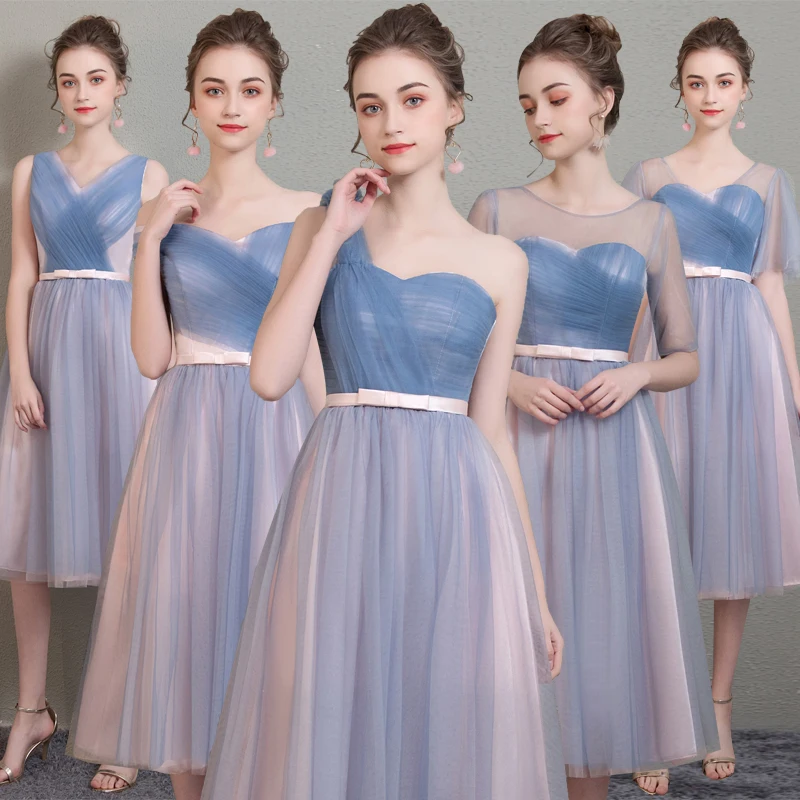 Reject Return Sweet Memory M79 Bridesmaid Dresses Mid-length Grey Blue Tulle Mesh Net And Pink Satin Wedding Party Evening Dress