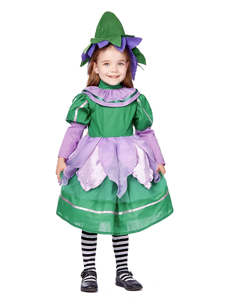 Umorden Purple Green Garden Elf Princess Fairy Munchkin Flower Girl Costume Child Kids Purim Halloween Fancy Dress Flower Hat