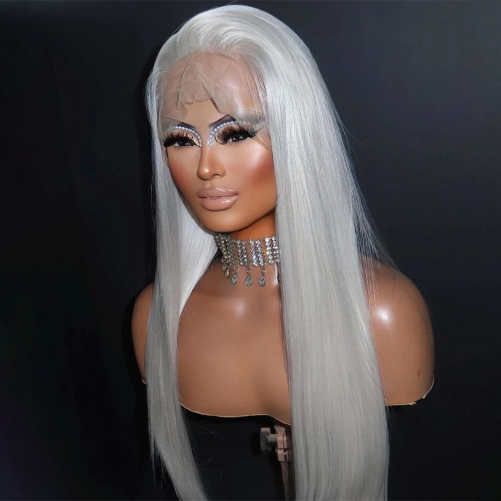 

Silver Grey Colored Straight Lace Front Wigs 200 Density Brazilian Human Hair 13x6 Transparent Lace Frontal Wig Pre Plucked
