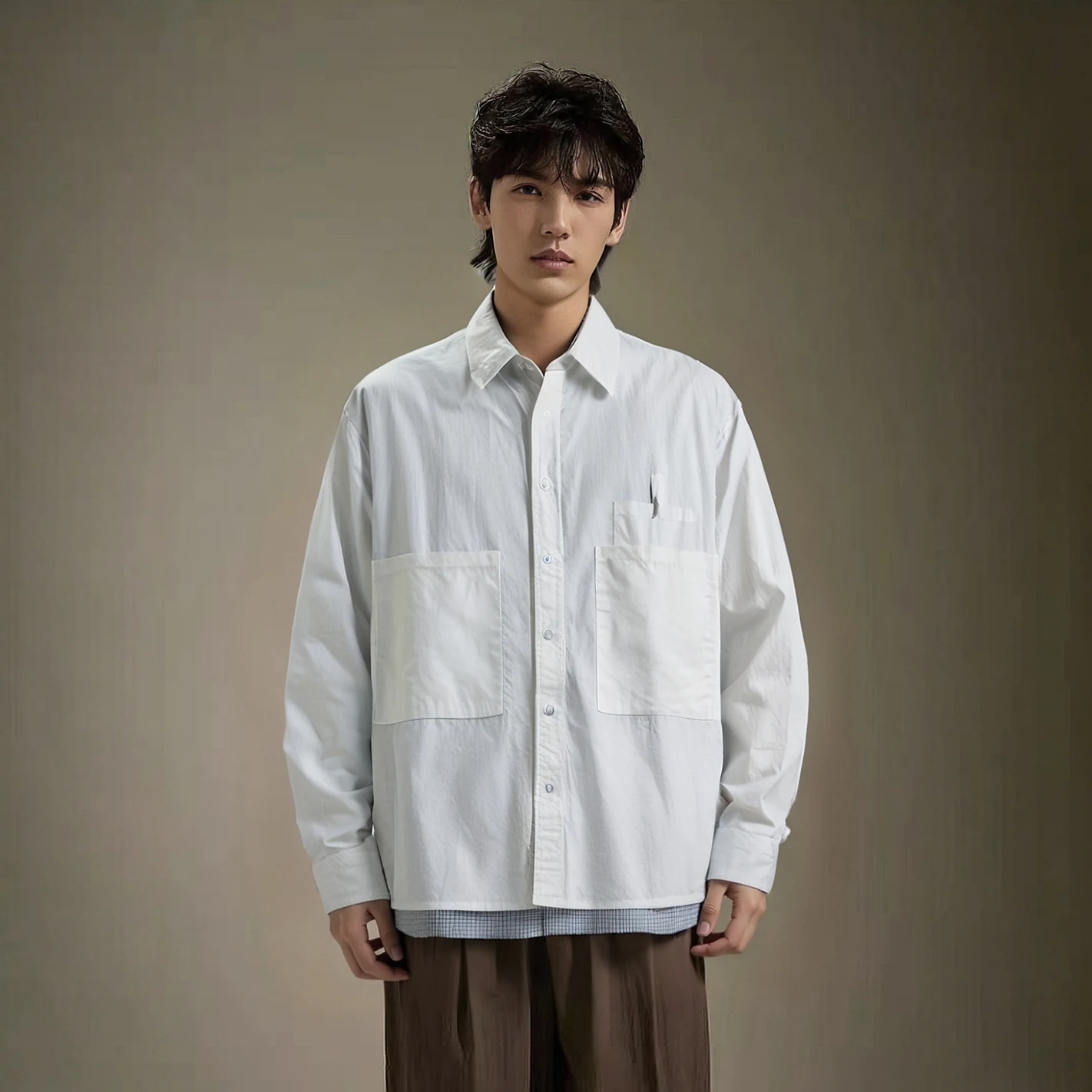

High Street Fake Two-Piece Design American OS Loose Fashionable Men's Casual Long Sleeve Shirt Trendy Autumn Cotton Garment