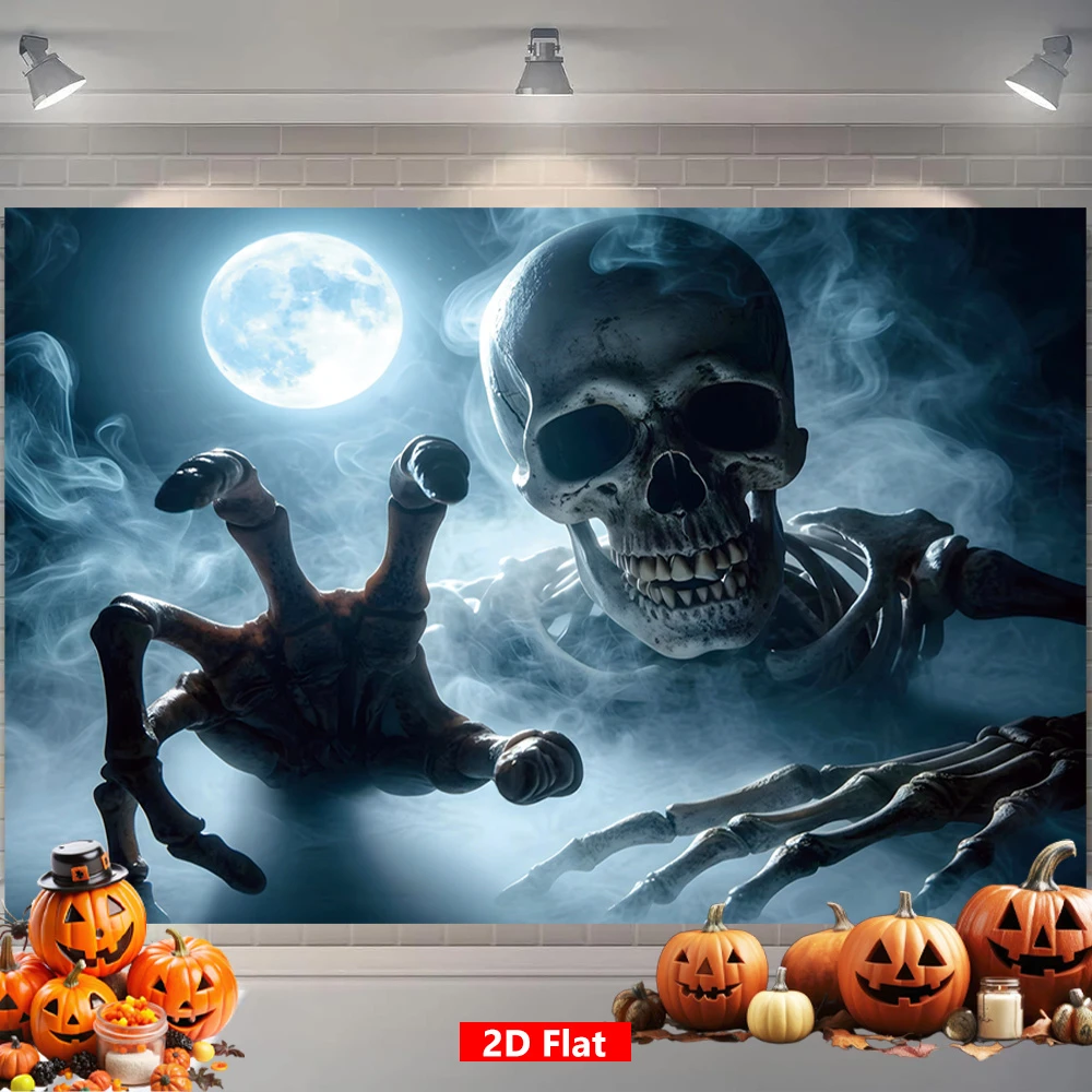 1PC Full Moon Skeleton Reaching Hand Horror Print Backdrop Banner, Bedroom Living Room Kitchen Photo Background, Wall Art