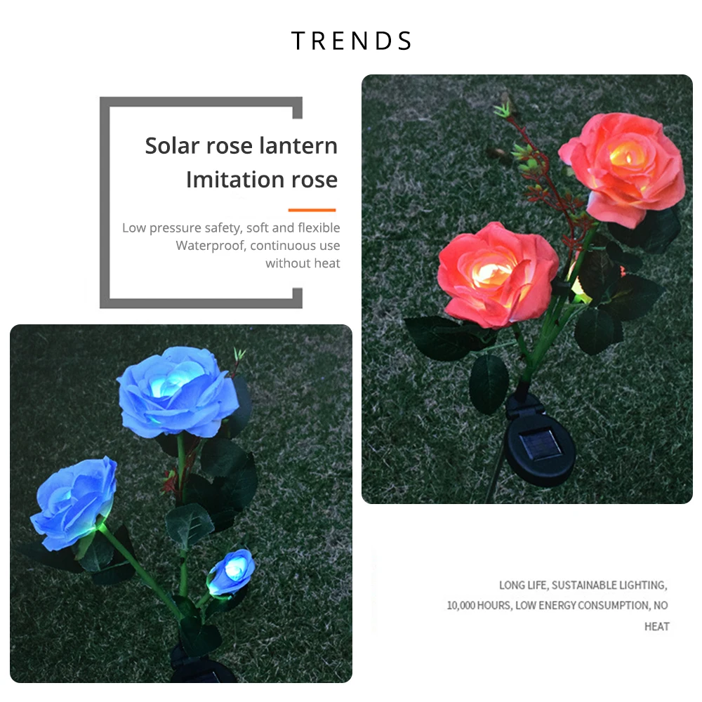 Solar Rose Light Yellow Flower LED 3 Head Garden Lawn Night Lamps IP65 Waterproof Landscape Home Fairy Yard Christmas Decoration