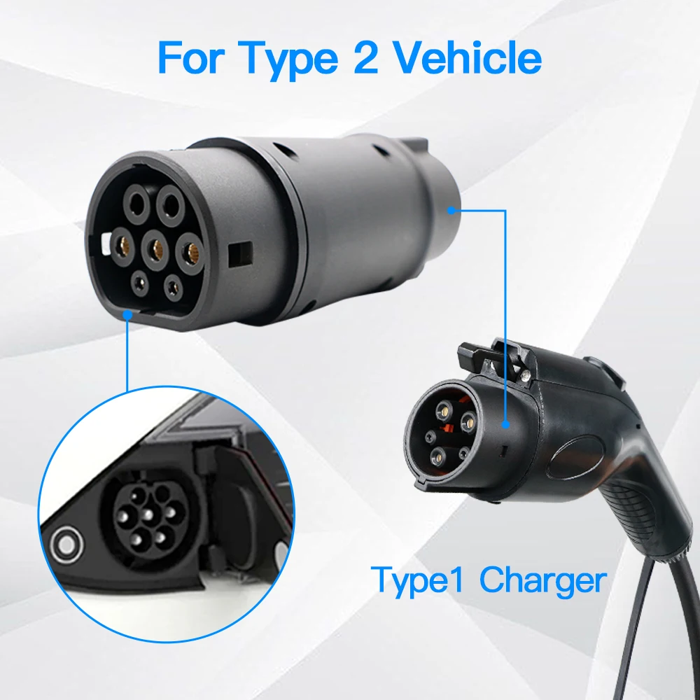 EV Charger Adaptor 32A 7.2KW SAE J1772 Socket Type 1 to Type 2 Converter For Type 2 Eletric Vehicles Charging