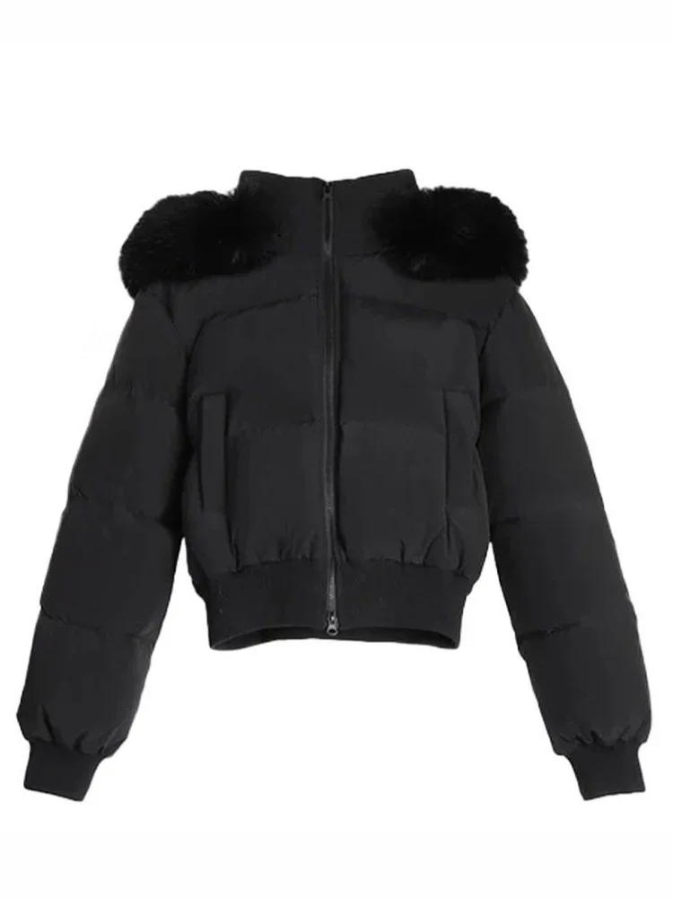 Lady Navy Blue Cropped Hooded Puffer Jacket With Faux Fur Collar Zip‑up Loose Short Cotton Padded Coat Winter Warm Outerwear