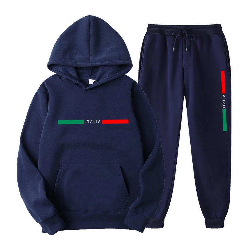 New men's casual fitness and running sportswear for autumn and winter, fashionable printed loose hooded pullover + long pants se