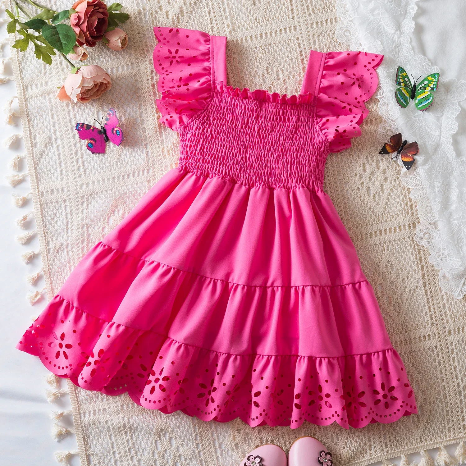 Cute Baby Girls Dress Summer New Girls\' Clothing Ruffle Sleevele Princess Frocks Hollow Out Fashion Birthday Party Kids Dresses