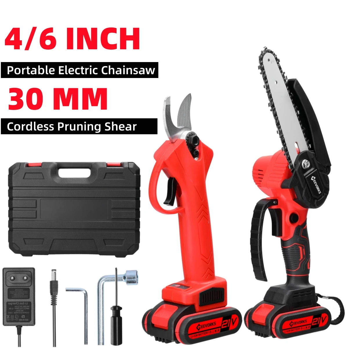 21V 4/6inch Portable Electric Chainsaw 25mm Cordless Pruning Shear Set Wood Cutting Machine Handheld Woodworking Tool for Garden