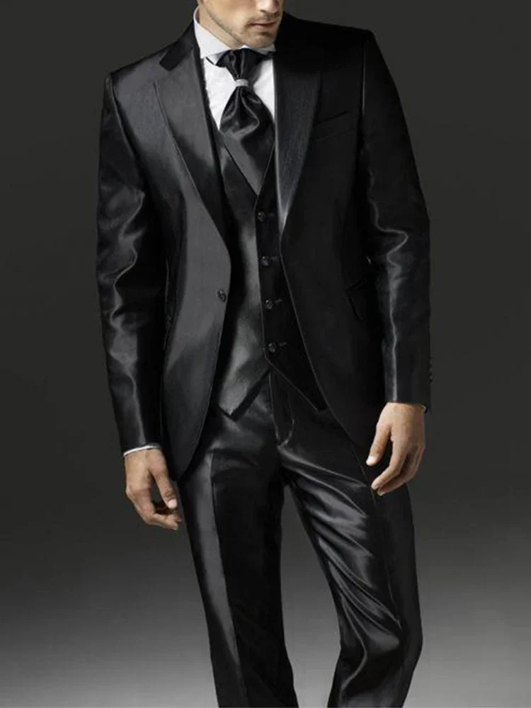 2024 New Style Black Two Bottom Satin Beach Men Suit Men\'s Wedding Prom Suits Costume Homme 3 Pieces (Jacket+Pant+Vest)