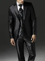 2024 New Style Black Two Bottom Satin Beach Men Suit Men's Wedding Prom Suits Costume Homme 3 Pieces (Jacket+Pant+Vest)