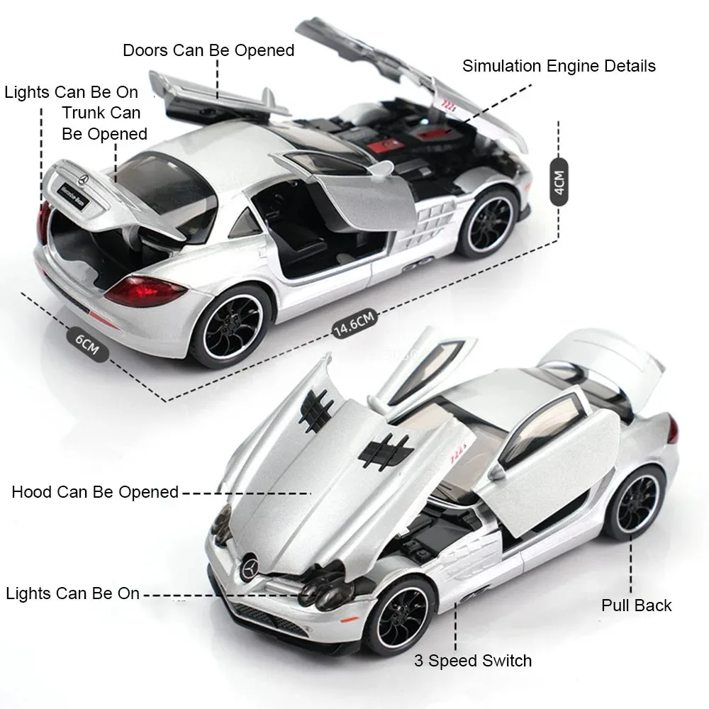 Jouets en alliage GT SLR 772S 1:32, modèles de voitures moulées sous pression, son lumineux, voiture de sport Miniature, pneus en caoutchouc, véhicule SUV, cadeaux pour garçons