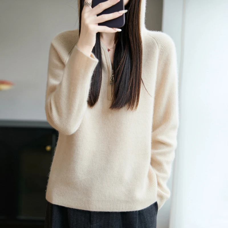 

New 100% Merino Wool Knitted Pullovers Women's Hooded Sweater Spring Autumn Winter Long Sleeve Female Wool Jumper Hoodie Top