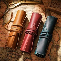 Retro Genuine Leather Creative Roll Pencil Case Pen Holder Multi-Purpose Storage Wrap Pouch for School Office Travel Stationery