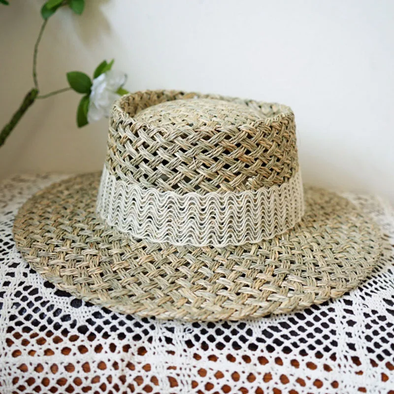 Ladies Summer Straw Hats for Women Short Brim Sun Hat Ring Top Lace Band Boater Hat Party Fedora Hat