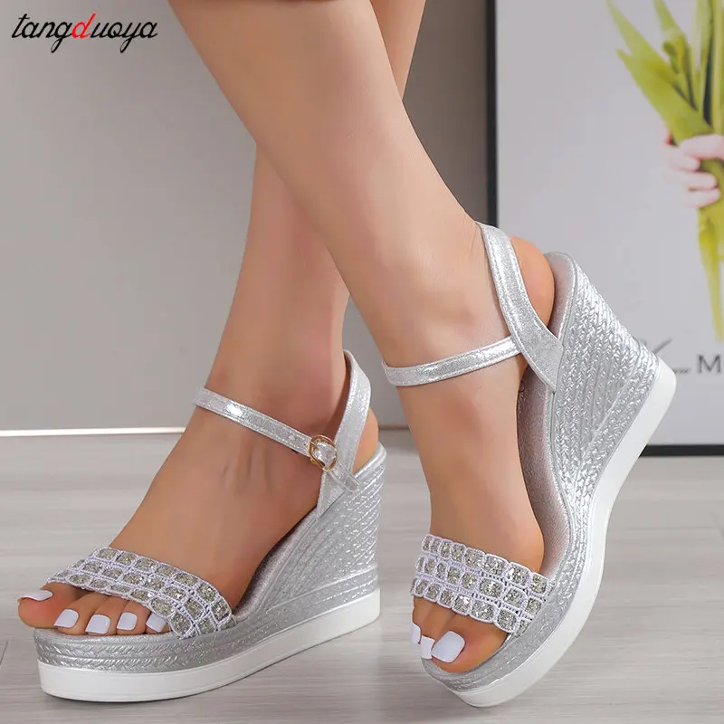 gold silver Wedges High Heels Sandals for Women Summer Buckle Strap Platform Sandalias Mujeres Thick Bottom Beach Shoes Woman