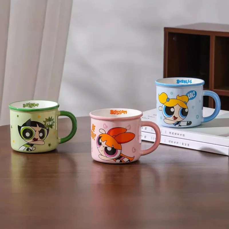 كوب سيراميك Powerpuff للفتيات مع نمط كرتوني لطيف قابل للتخصيص أدوات شرب حليب الإفطار المنزلي هدية عيد ميلاد مثالية للفتيات