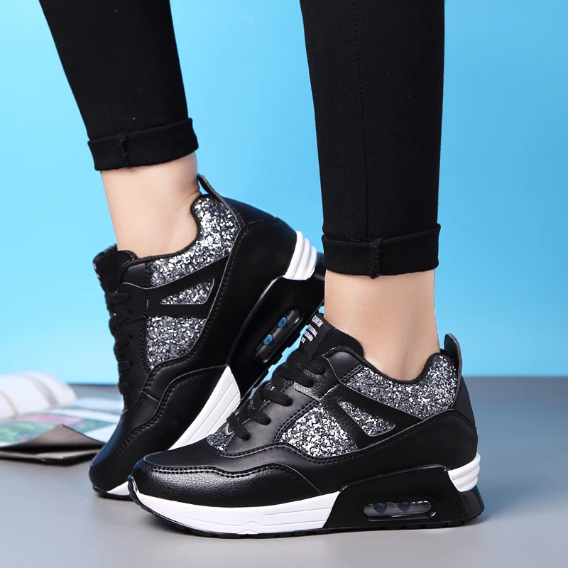 2023Bling Women Sneakers Spring Autumn Breathable Womens Shoe Wedges Light Soft Black Running Shoes Zapatillas Deportivas Hombre