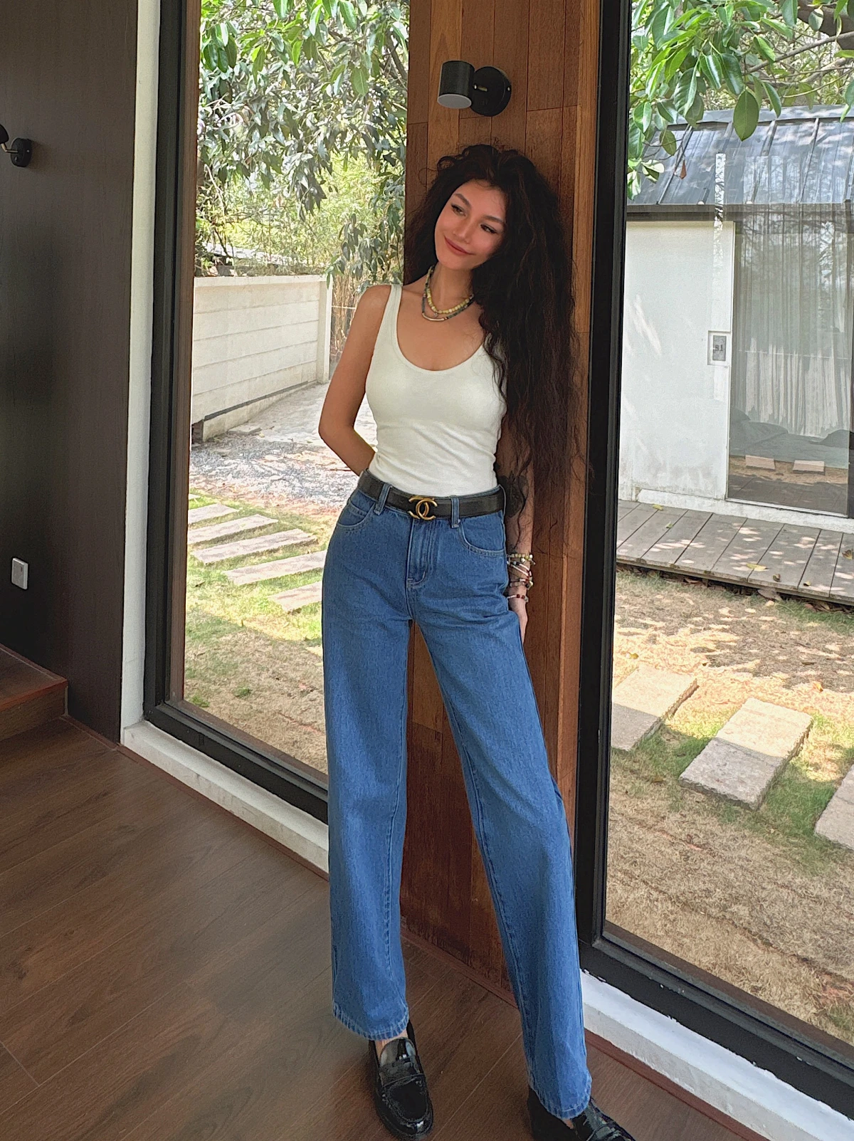 

Retro Style High Waist Straight Leg Jeans Deep Blue Color Slimming Leg Effect Four Seasons Can Wear Original Color Denim Pants