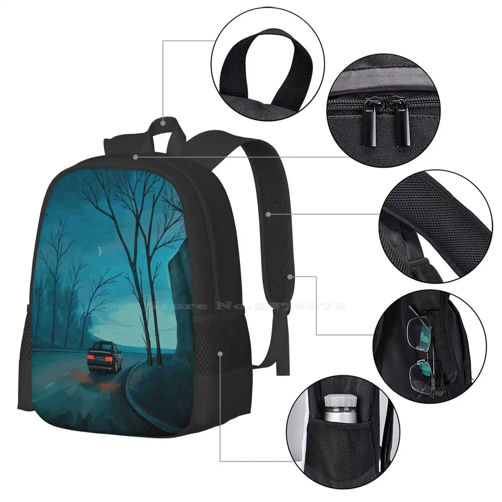 Mochila De paseo nocturno, bolsos de moda, paisaje nocturno, Luna, cielo azul, árboles rurales, naturaleza, bosque, negro, coche, carretera, gran oferta