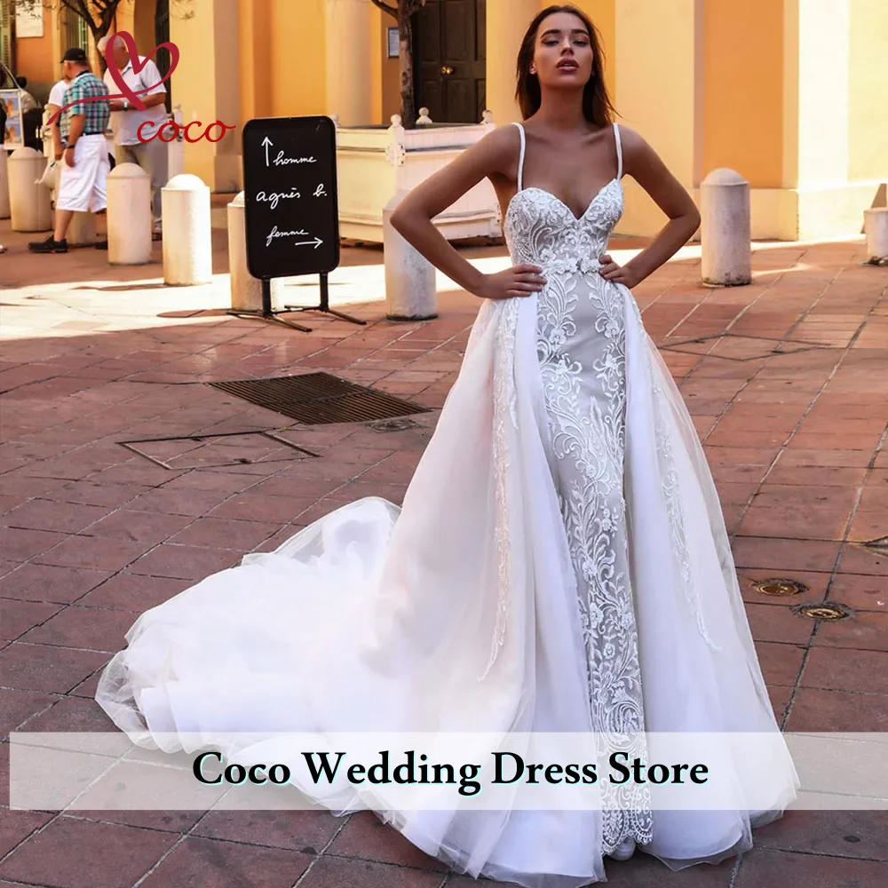 

Customized Luxury Detachable Train Mermaid Wedding Dress Sweetheart Neck Spaghetti Straps Sexy Robe Mariage Vestido De Novia