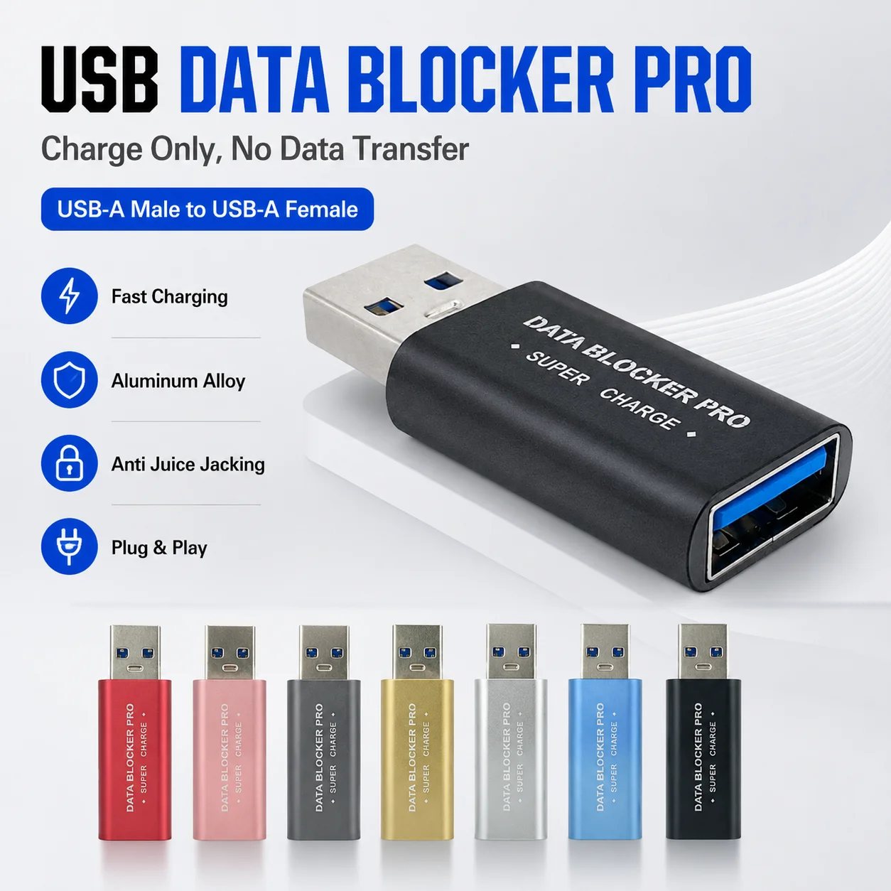 USB-A Data Blocker Charging Adapter No Data Transfer Fast Charge Anti Juice Jacking Aluminum Alloy Privacy Security Protector