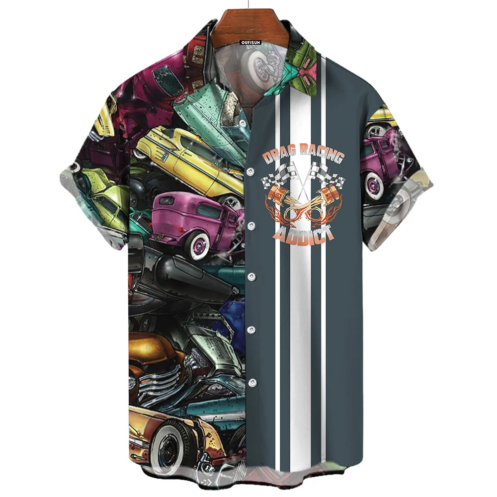 Striped Men\'s Shirt Retro Car Print Short Sleeve Street Fashion Man Clothing Oversized Lapel Shirt For Men 2024 Hawaiian Shirts