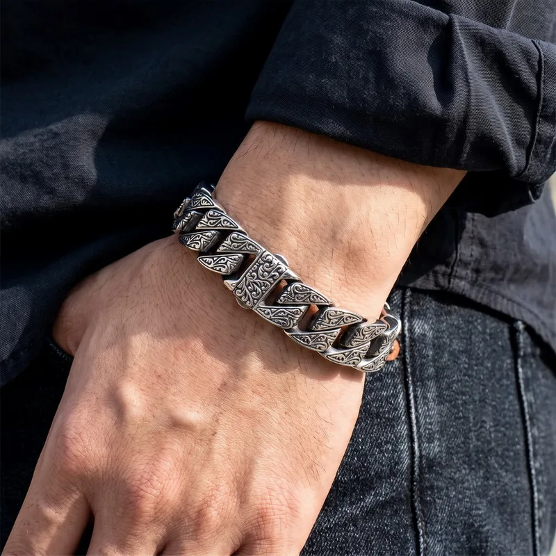 Kalen Vintage Geschnitztes Gliederarmband für Herren Punk Edelstahl Retro Blumenmuster Gravierte Dicke Kette Schmuck Gothic Jubiläumsgeschenk – Detail 2