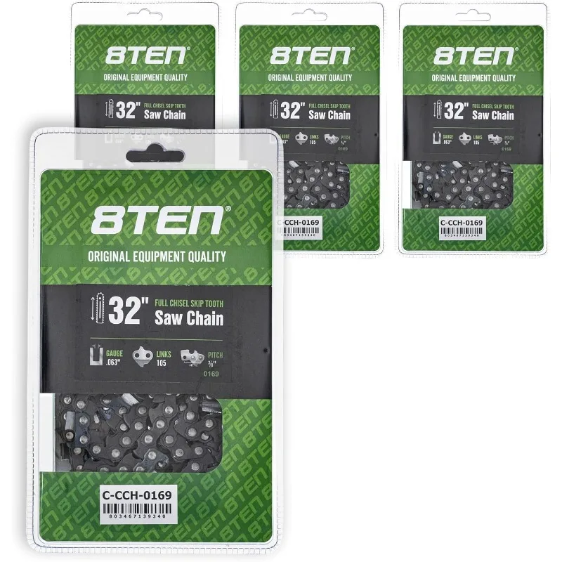 

8TEN Full Chisel Skip Tooth Chainsaw Chain 32 Inch .063 3/8 105DL For Husqvarna 372XP Poulan 475 Jonsered 2165 (4 Pack)
