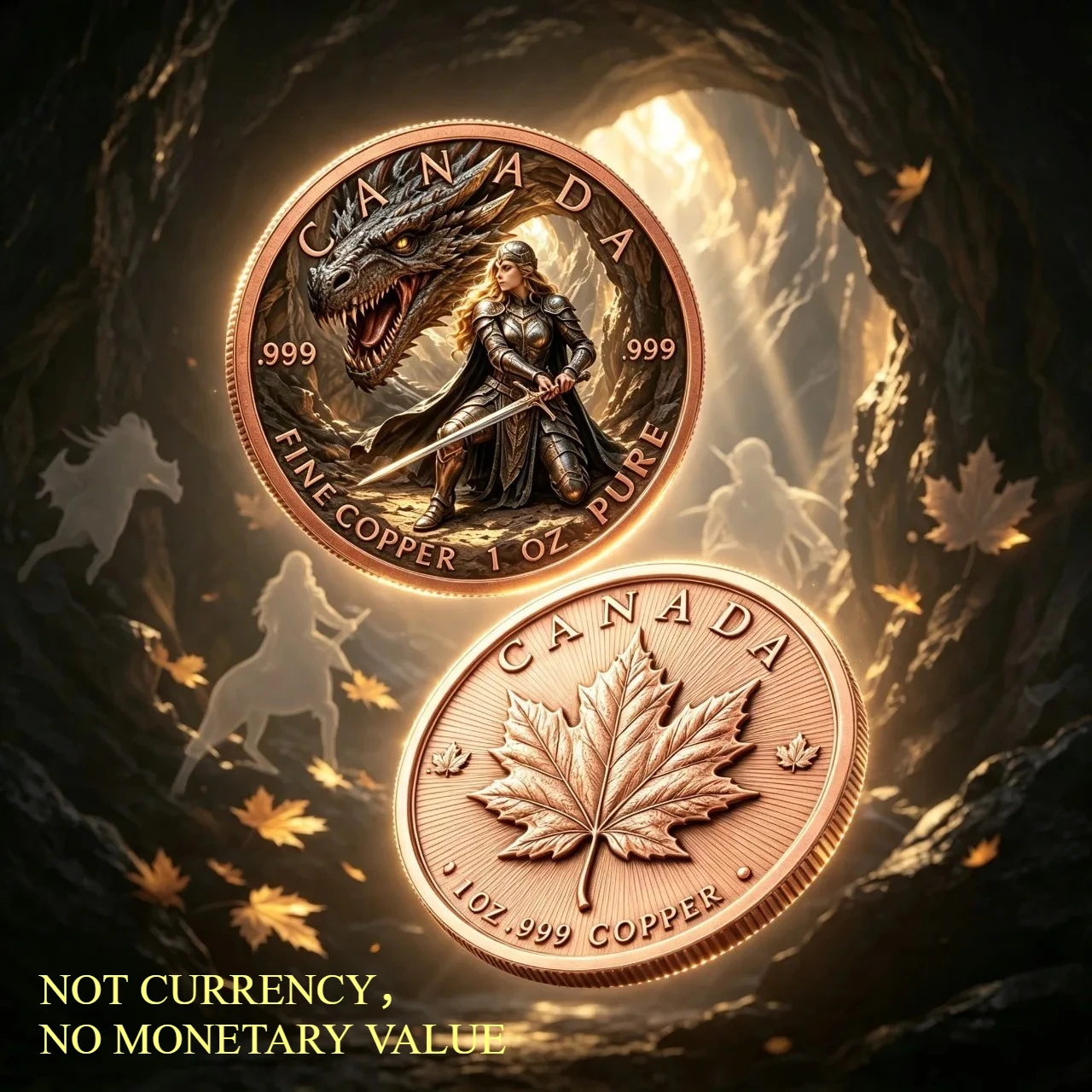 Image of 1oz Reines .999 Feinkupfer-Medaillon Kanada Höhlendrache Weiblicher Ritter Krieger Fantasy Sammlerstück Kupfer-Rundmedaille
