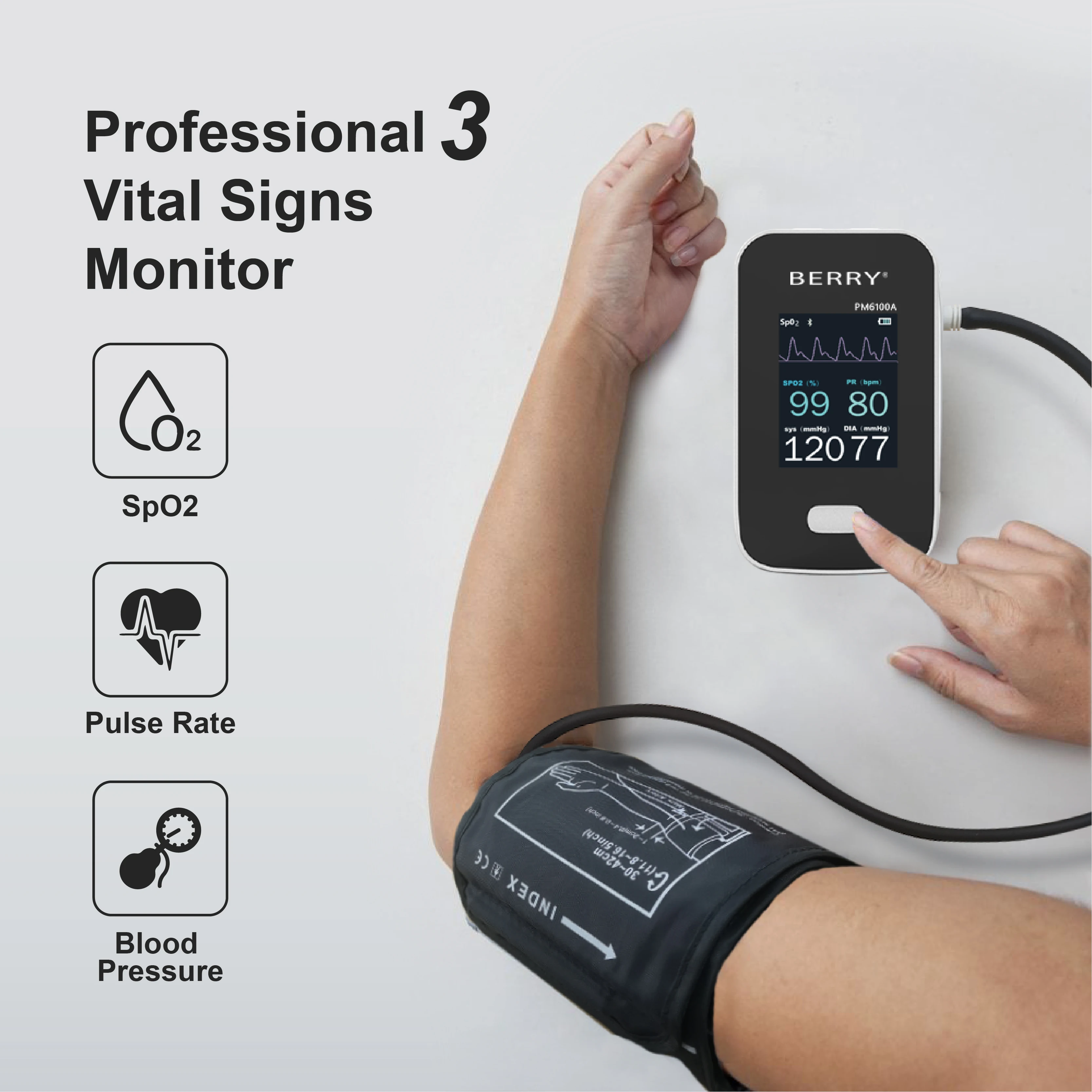 Berry Portable Vital Signs Monitor Wireless 3-Parameter with Free App and Accessories Li-Battery Bluetooth Home Care Device