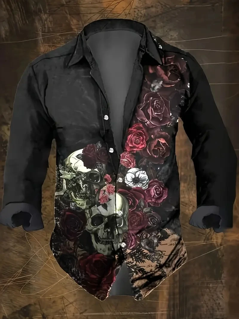

2025 Skull Graphic Print Shirt For Men Autumn New Men's Long Sleeve Collared Shirt Plus Size Casual Button Down Shirts Clothing