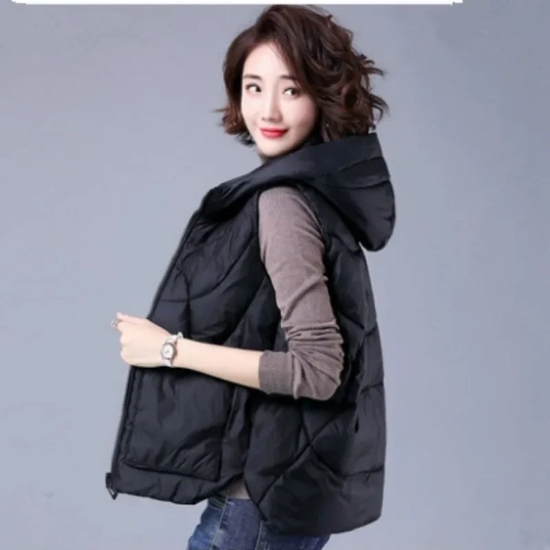 Women's Loose Winter Vest Solid Hooded Zipper Pockets Ladies Cotton Padded Sleeveless Jackets Waistcoat for Female Coat L105