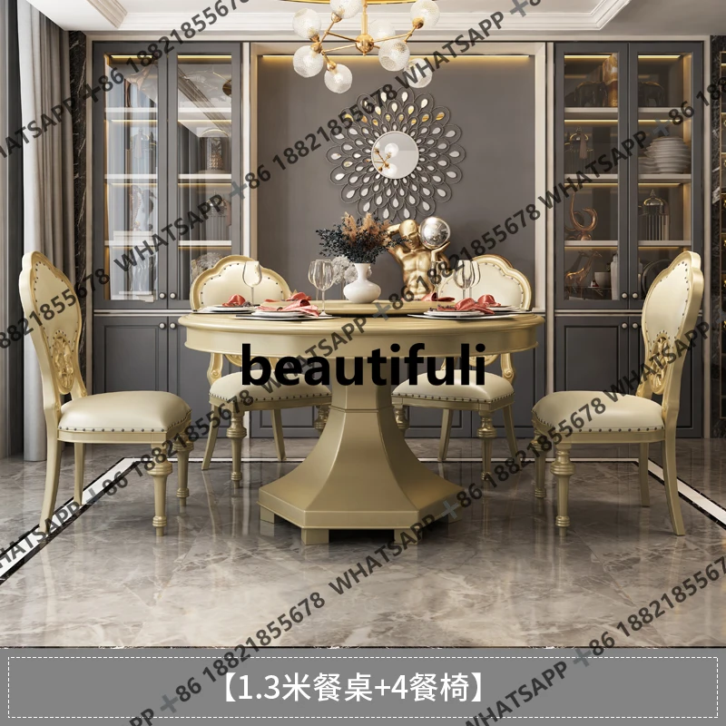 American marble dining table solid wood round with turntable household European dining table and chair combination