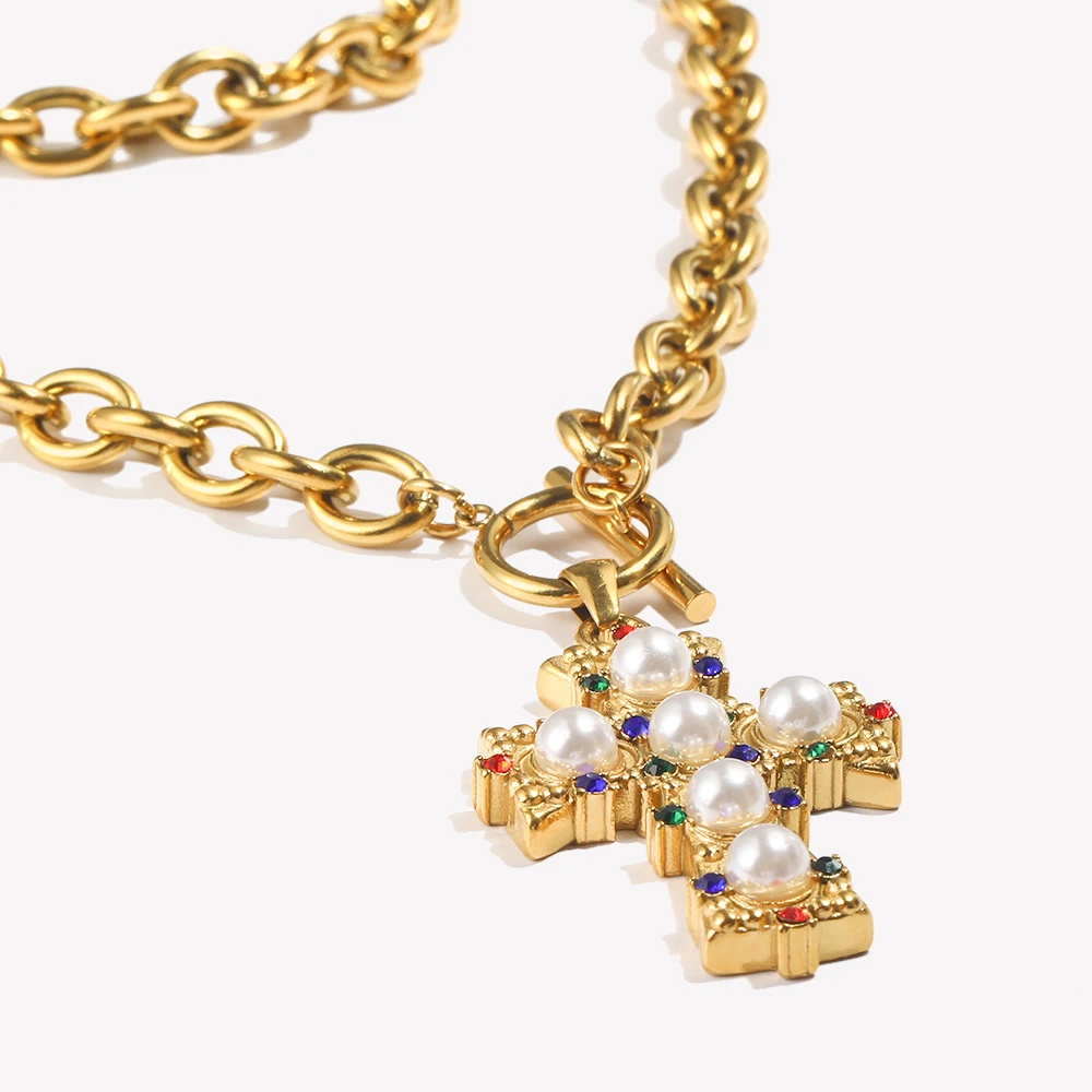 E.B.belle Vintage Style OT Buckle Blue Rhinestone Pearl Cross Pendant Necklace 18K Gold Plated Stainless Steel Neck Jewelry