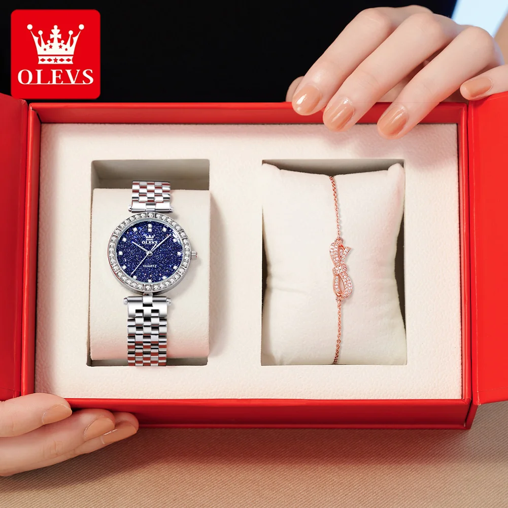OLEVS 3641 Women Watch Elegant Quartz Watch Starry Dial Waterproof Luminous Diamond Bezel Ladies Watch Bracelet Set Ladies' Gift