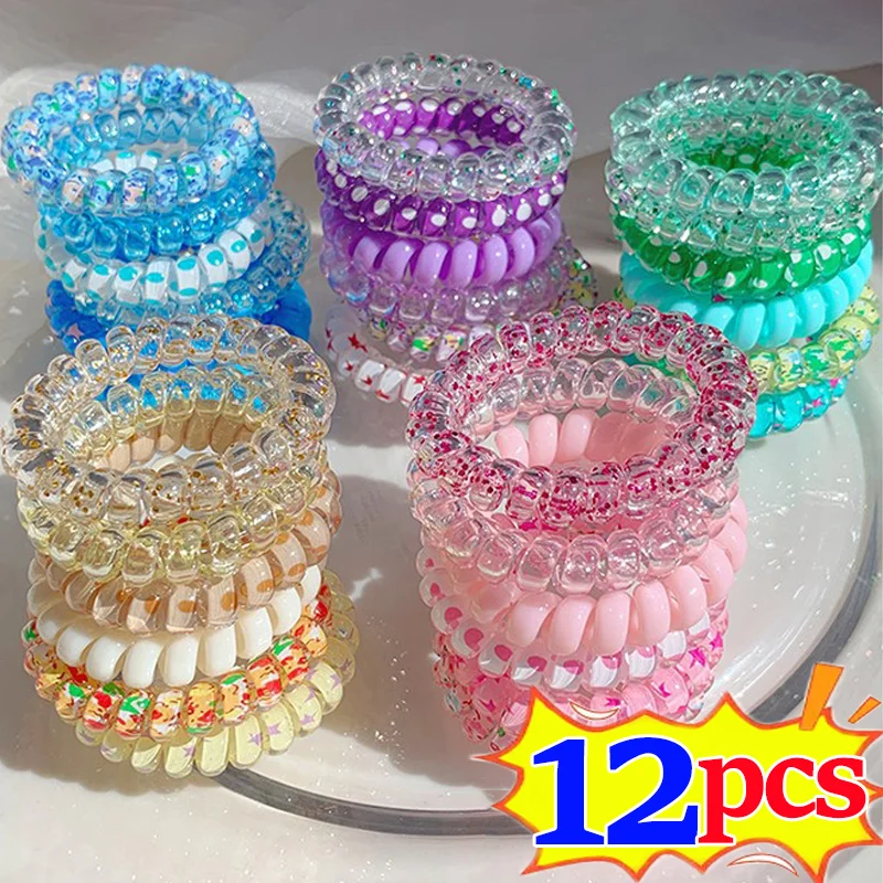 12pcs/set Telephone Wire Elastic Hair Rope For Spiral Cord Hair Ring Head Bands Rubber Band Scrunchies Headwear Hair Accessories